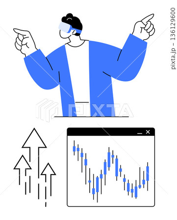Future innovation, financial analysis, stock trends, VR technology, data growth, digital economy. Man in VR headset pointing up, chart showing market trends. Financial analysis stock trends concept 136129600