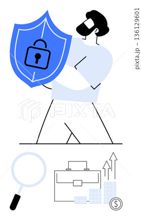 Cybersecurity, data protection, financial growth, online privacy, business security, digital safety. Person holding shield with a lock, magnifying glass briefcase graphs. Cybersecurity and data 136129601