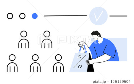 E-commerce, customer loyalty, marketing, verification, consumer behavior, promotions. Man holding a discount shopping bag with figures and checkmarks around him. E-commerce and customer loyalty 136129604