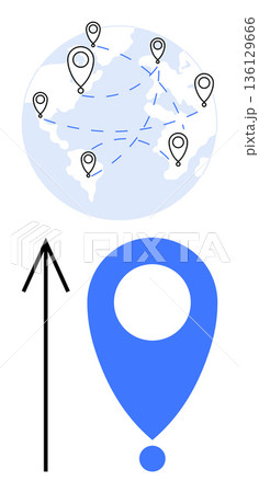 Logistics, travel management, international shipping, navigation tools, global communication, route optimization. Globe with location markers and directional arrow. Logistics and travel management Logistics, travel management, international shipping, navigation tools, global communication, route optimization. Globe with location markers and directional arrow. Logistics and travel management 136129666