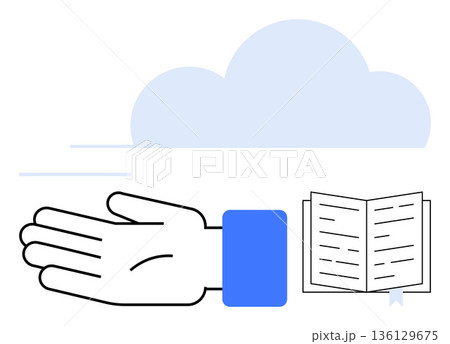 Cloud storage, online education, digital books, remote access, file sharing, knowledge management. A hand, an open book and a cloud. s digital books and cloud storage concepts 136129675