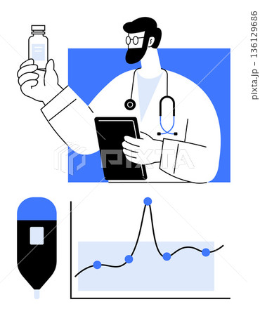 Healthcare, medical research, technology in medicine, patient care, pharmaceutical industry, data analysis. A doctor holding a bottle and tablet alongside medical charts and an infusion device Healthcare, medical research, technology in medicine, patient care, pharmaceutical industry, data analysis. A doctor holding a bottle and tablet alongside medical charts and an infusion device 136129686