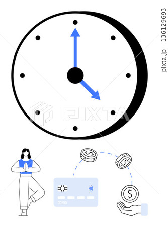 Time management, financial planning, wellness, payment systems, work-life balance, mindfulness. Large clock with arrows, money transfer icons yoga pose. Time management and financial planning 136129693