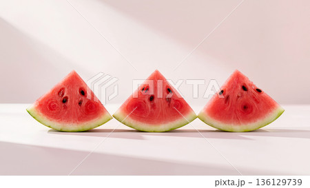 Three fresh watermelon slices standing upright on white surface with soft pink background, minimal summer fruit concept 136129739