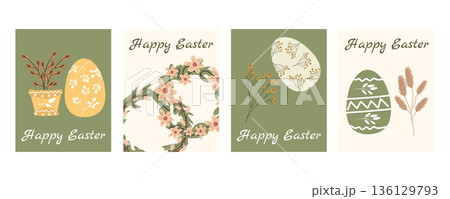 Easter greeting card and banner set with bunnies, wreaths, eggs, vases and spring floral elements Easter greeting card and banner set with bunnies, wreaths, eggs, vases and spring floral elements 136129793