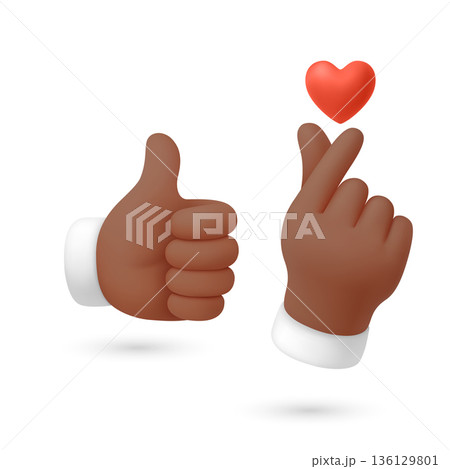 Vector 3d Like and Love Hands Set. Like and Love Hands. Thumbs Up and Finger Heart Gesture with Red Heart Icon. Social Media Reaction Symbol, Isolated 136129801