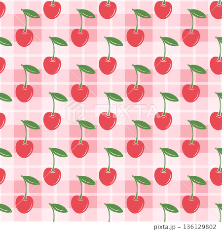 Vector Cherry Seamless Pattern Background with Cute Cherries on Pink Gingham Grid. Cherry Fruit Wallpaper for Textile, Fabric, Wrapping Paper, Surface Design. Cherry Repeat Print 136129802