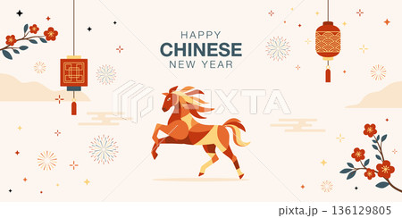 Happy Chinese 2026 New Year Banner with Horse Zodiac, Lanterns, Fireworks and Blossom Branches, Vector Illustration. Chinese New Year Greeting Card Template. Chinese New Year Festive Happy Chinese 2026 New Year Banner with Horse Zodiac, Lanterns, Fireworks and Blossom Branches, Vector Illustration. Chinese New Year Greeting Card Template. Chinese New Year Festive 136129805