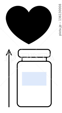 Health, wellness, medicine, growth, care, pharmaceutical progress. A black heart above a medicine bottle with an upward arrow. Health and wellness concepts through care and medicine 136130008