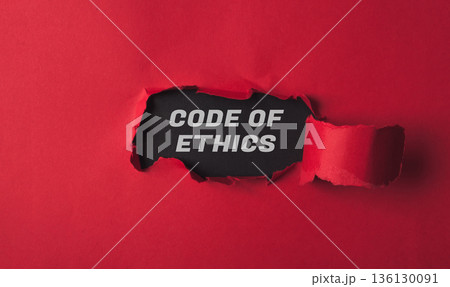 Red background with a black word that says Code of Ethics 136130091