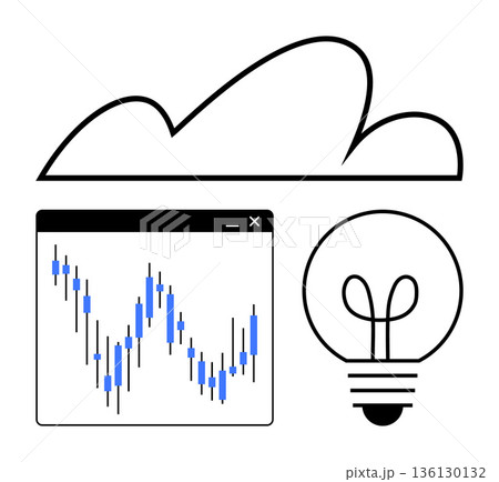 Technology, finance, innovation, cloud storage, data visualization, energy solutions. A cloud, stock chart window and lightbulb in clean black-and-white design. Technology and finance concept 136130132