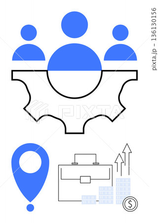 Business development, teamwork, growth strategy, project management, location services, financial analytics. Gear with people, briefcase growth arrows and geolocation icon. Business development 136130156