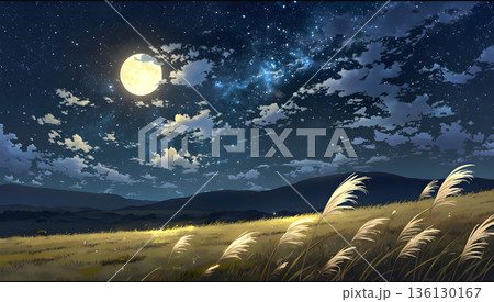 秋のススキ野原と満月 136130167