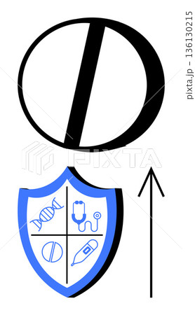 Healthcare innovation, medical security, drug development, genetic research, biotechnology, progress. Shield with medical symbols, pill DNA stethoscope alongside upward arrow. Healthcare innovation Healthcare innovation, medical security, drug development, genetic research, biotechnology, progress. Shield with medical symbols, pill DNA stethoscope alongside upward arrow. Healthcare innovation 136130215