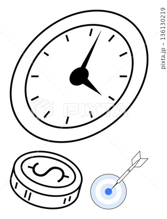 Time management, financial planning, goal setting, investment strategies, business success, productivity. A clock, coin and target with arrow. Time management and financial planning concept Time management, financial planning, goal setting, investment strategies, business success, productivity. A clock, coin and target with arrow. Time management and financial planning concept 136130219