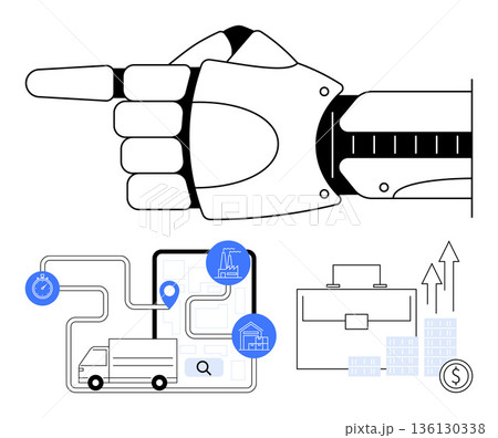 Robotics, supply chain, logistics, automation, business planning, technology integration. Robotic hand pointing, supply chain map truck and business growth icons. Robotics and supply chain concept 136130338