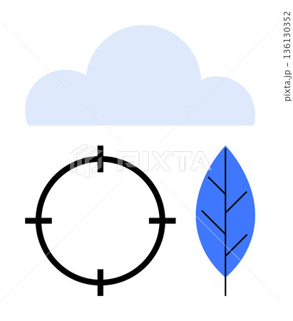 Sustainability, environmental goals, renewable energy, conservation, clean technology, eco-consciousness. Cloud, target symbol and leaf in minimal style. Sustainability and conservation highlighted 136130352