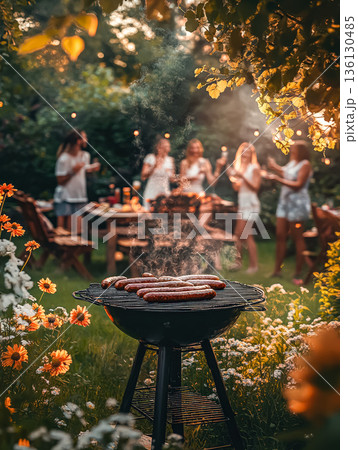 Outdoor barbecue grill with sausages surrounded by flowers and friends enjoying summer gathering 136130485