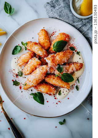 Crispy golden fried food garnished with fresh herbs on a stylish plate with creamy sauce 136130493