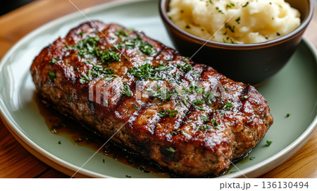 Grilled meatloaf served with creamy mashed potatoes on a rustic wooden table 136130494