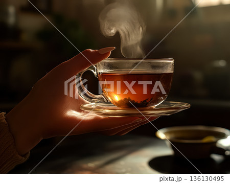 Hand holding a steaming cup of tea in a cozy kitchen setting with warm ambient light 136130495