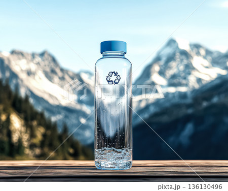 Clear plastic water bottle with recycling symbol against a stunning mountain landscape backdrop Clear plastic water bottle with recycling symbol against a stunning mountain landscape backdrop 136130496