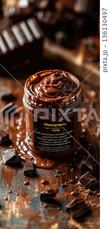 Rich chocolate spread in a glass jar surrounded by chocolate pieces and drizzled sauce Rich chocolate spread in a glass jar surrounded by chocolate pieces and drizzled sauce 136130497