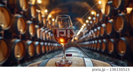Glass of amber wine on wooden barrel in dimly lit cellar with rows of barrels in background 136130523