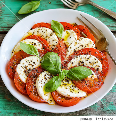 Fresh tomato and mozzarella salad with basil leaves on a rustic wooden table Fresh tomato and mozzarella salad with basil leaves on a rustic wooden table 136130528