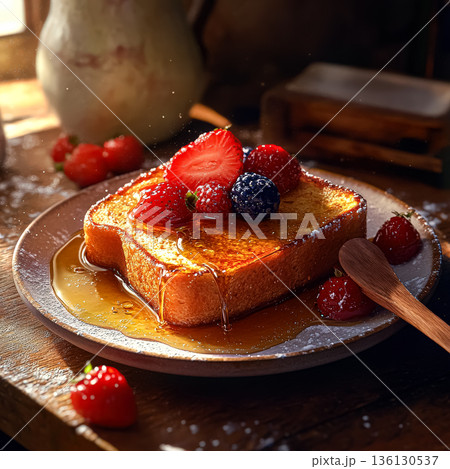 Delicious French toast topped with fresh strawberries and blueberries drizzled with syrup 136130537