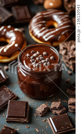 Rich chocolate spread in jar surrounded by assorted chocolate bars and glazed donuts Rich chocolate spread in jar surrounded by assorted chocolate bars and glazed donuts 136130543