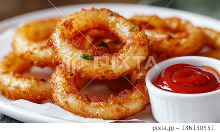 Crispy golden onion rings served on a white plate with a side of tangy ketchup for dipping 136130551