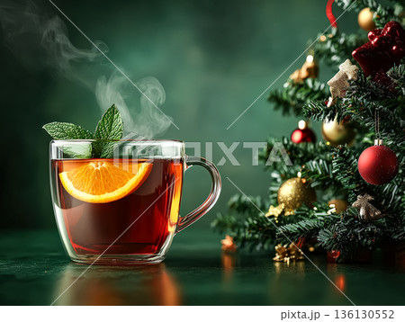 Warm spiced tea with orange slice and mint leaves beside a decorated Christmas tree 136130552