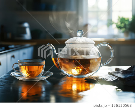 Glass teapot with steaming tea and cup on kitchen counter with warm sunlight illuminating scene Glass teapot with steaming tea and cup on kitchen counter with warm sunlight illuminating scene 136130568