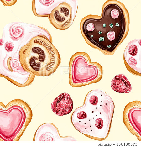 Colorful heart-shaped cookies and pastries arranged on a light background for festive occasions 136130573