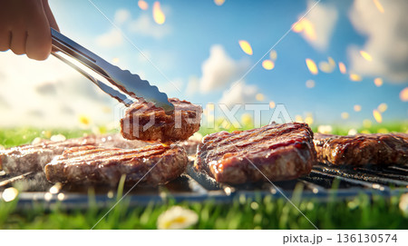 Grilling delicious beef patties outdoors with tongs in a vibrant sunny garden setting 136130574