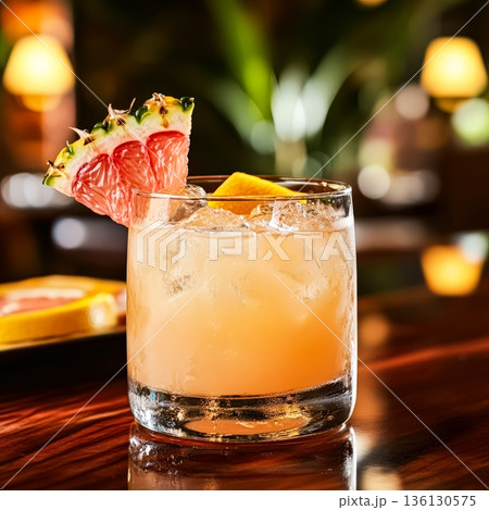 Refreshing cocktail with citrus garnishes served in a glass on a wooden bar top Refreshing cocktail with citrus garnishes served in a glass on a wooden bar top 136130575