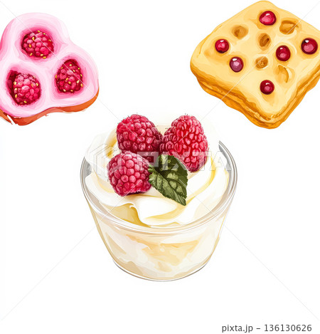 Close up of a dessert with a raspberry on top Close up of a dessert with a raspberry on top 136130626