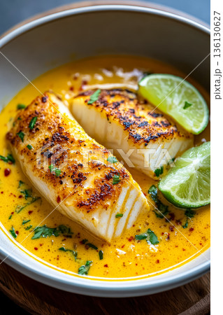 Bowl of food with fish and lime slices 136130627