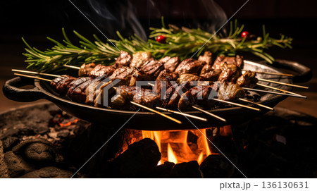 Pan of meat is being cooked over a fire Pan of meat is being cooked over a fire 136130631