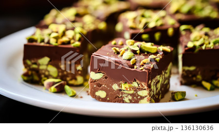 Plate of chocolate covered nuts with green pieces on top 136130636