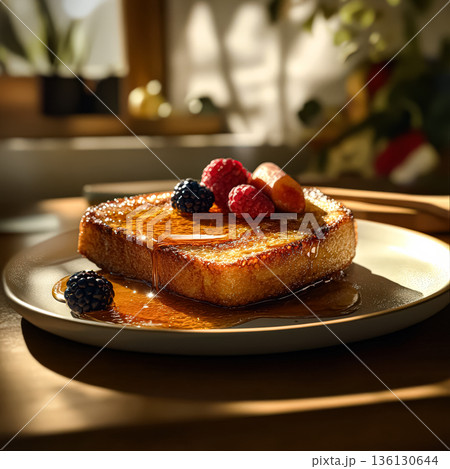 Plate of toast with berries and syrup on top Plate of toast with berries and syrup on top 136130644