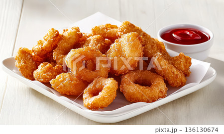 Plate of fried doughnuts with a red ketchup bottle on the right Plate of fried doughnuts with a red ketchup bottle on the right 136130674