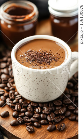 White coffee mug with a brown substance on top of it White coffee mug with a brown substance on top of it 136130676