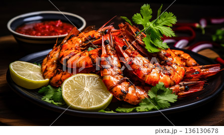 Plate of shrimp and lime on a wooden table Plate of shrimp and lime on a wooden table 136130678