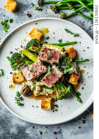 Plate of food with meat, broccoli, and potatoes 136130682