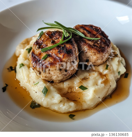 Plate of meatballs and mashed potatoes with parsley on top Plate of meatballs and mashed potatoes with parsley on top 136130685