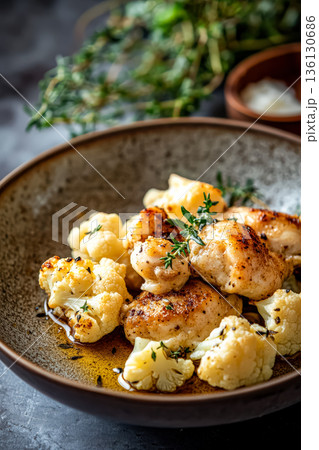 Bowl of food with chicken and cauliflower 136130686