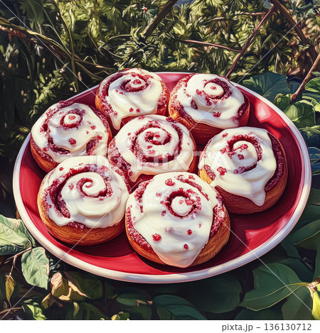 Plate of red and white cinnamon rolls with a white frosting swirl Plate of red and white cinnamon rolls with a white frosting swirl 136130712