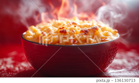 Bowl of macaroni and cheese with a lot of cheese on top 136130713